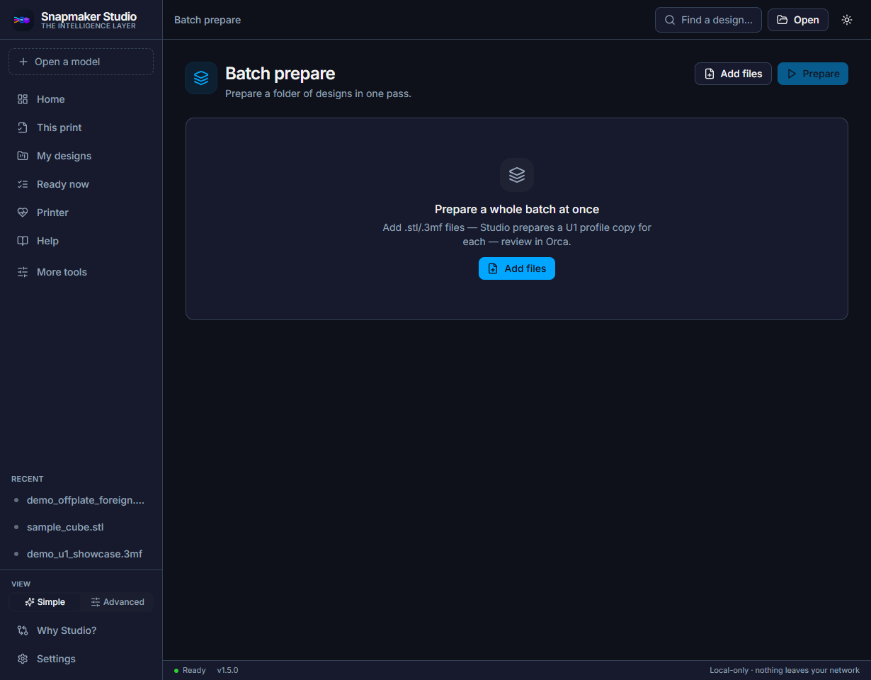 Studio's Batch Prepare page with an Add files button and a Prepare button, under the heading Prepare a whole batch at once.