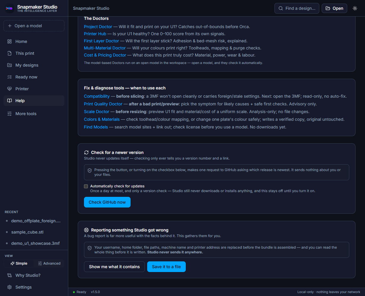 The lower part of Studio's Help page. A Check for a newer version card explains that Studio never updates itself and offers an Automatically check for updates checkbox and a Check GitHub now button. A Reporting something Studio got wrong card offers Show me what it contains and Save it to a file buttons.