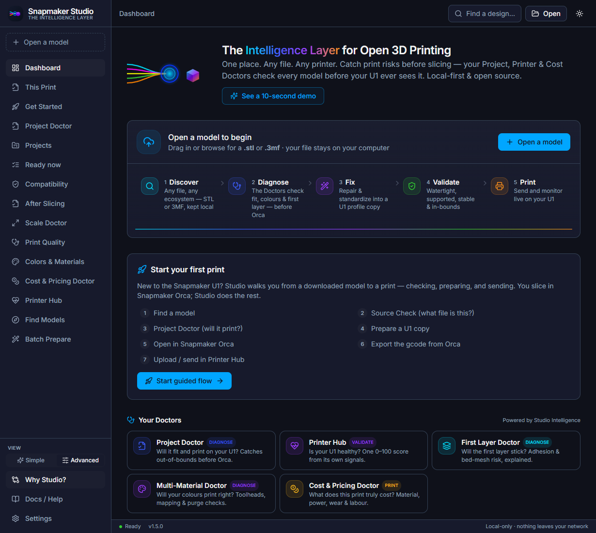 Studio with the Advanced view switched on. The sidebar now lists every tool: Dashboard, This Print, Get Started, Project Doctor, Projects, Ready now, Compatibility, After Slicing, Scale Doctor, Print Quality, Colors and Materials, Cost and Pricing Doctor, Printer Hub, Find Models and Batch Prepare.