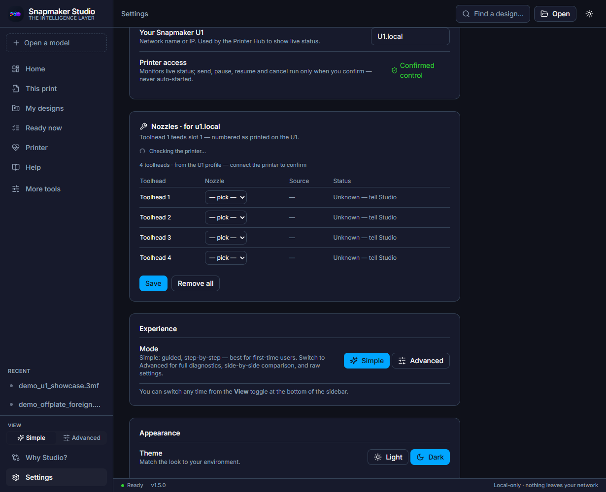 The Printer section of Studio's Settings. It shows Your Snapmaker U1, a network name or IP field, a Printer access section, a Confirmed control section, and a Nozzles section noting that Toolhead 1 feeds slot 1.