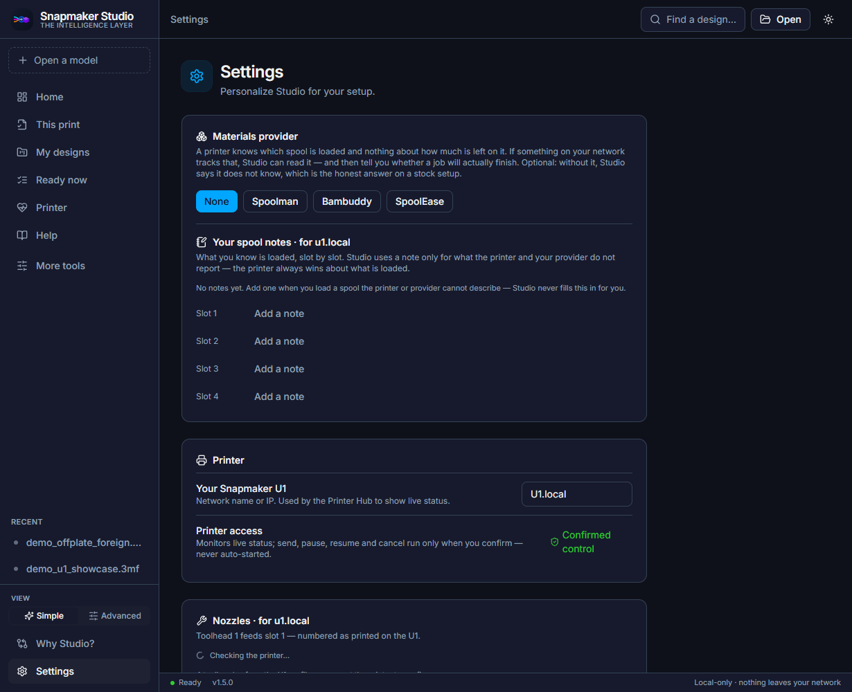 The top of Studio's Settings. A Materials provider section offers None, Spoolman, Bambuddy and SpoolEase, followed by a Your spool notes section for the printer.